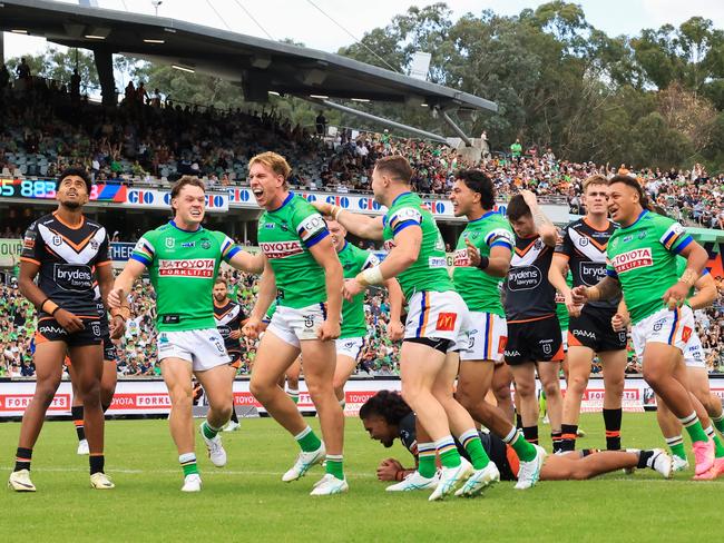 CANBERRA, AUSTRALIA – MARCH 16: Zac Hosking of the Raiders celebrates a try during the round two NRL match between Canberra Raiders and Wests Tigers at GIO Stadium, on March 16, 2024, in Canberra, Australia. (Photo by Jenny Evans/Getty Images)