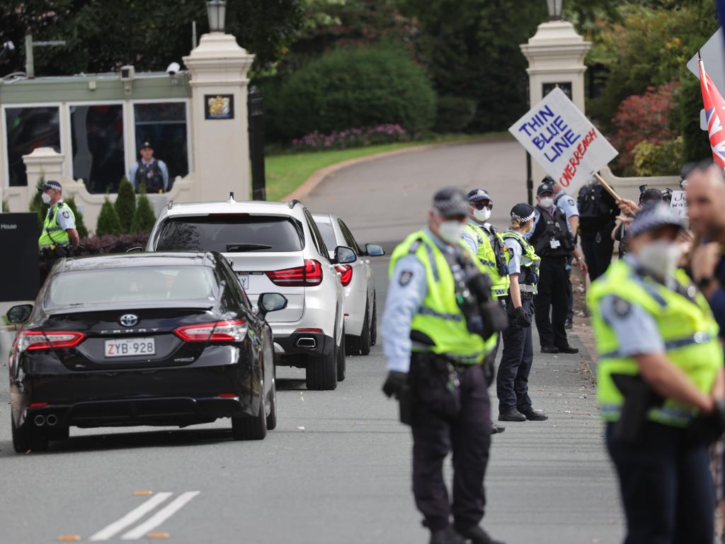 Prime Minister Scott Morrison visits the Governor-General at Yarralumla, as protesters waited outside the gates of Government House. Picture: Toby Zerna