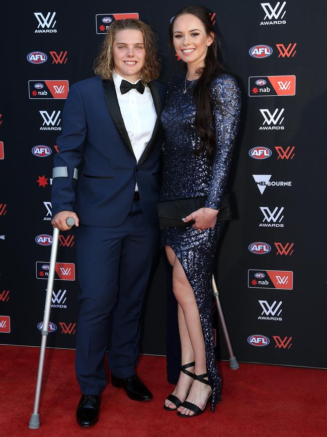 Chloe Scheer (L) with her partner Danielle Stewart ahead of the 2019 AFLW Best and Fairest Awards in Melbourne. Picture: Hamish Blair