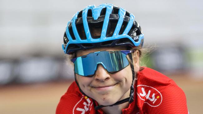 Para-cyclist Meg Lemon warming up at the Adelaide Velodrome. Photo: Russell Millard