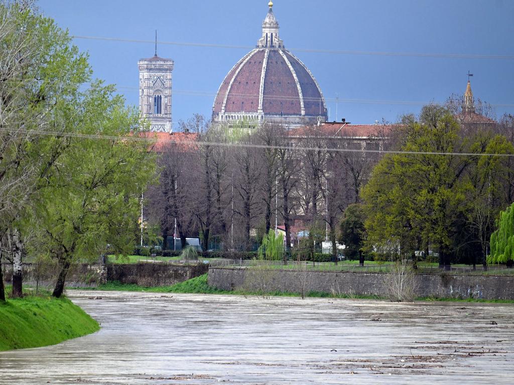 A picture shows the high level of the Arno river in Florence during floods in Tuscany. Authorities have issued a red weather alert for the historic Italian city and its surroundings. Picture: Claudio Giovannini/ANSA/AFP/Italy OUT/Getty OUT
