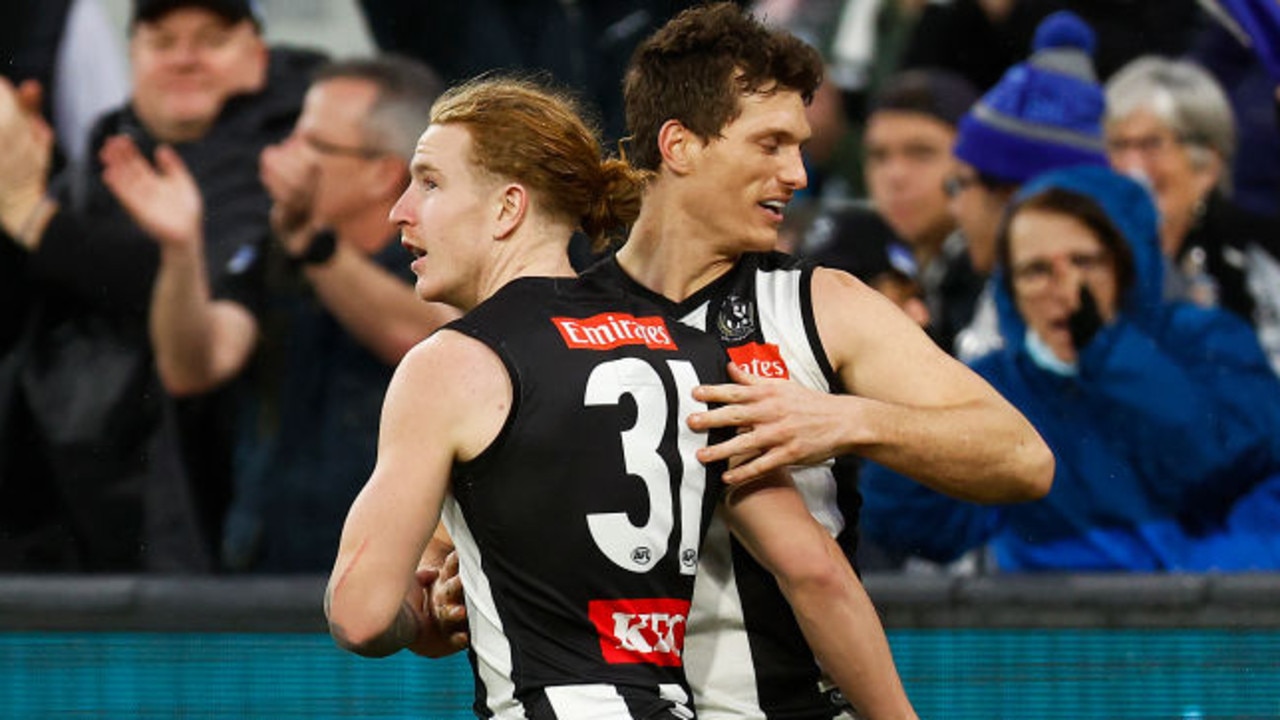 MELBOURNE, AUSTRALIA - JUNE 26: Beau McCreery of the Magpies celebrates kicking a goal during the round 15 AFL match between the Collingwood Magpies and the Greater Western Sydney Giants at Melbourne Cricket Ground on June 26, 2022 in Melbourne, Australia. (Photo by Daniel Pockett/Getty Images)