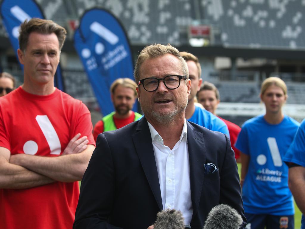 SYDNEY, AUSTRALIA - Newswire Photos -APRIL 26 2023: CEO A LEAGUE Danny Townsend addresses the media with Premier Chris Minns during the inaugural A-Leagues Players and Pollies Game at CommBank Stadium in Parramatta, in Sydney. Picture: NCA Newswire / Gaye Gerard