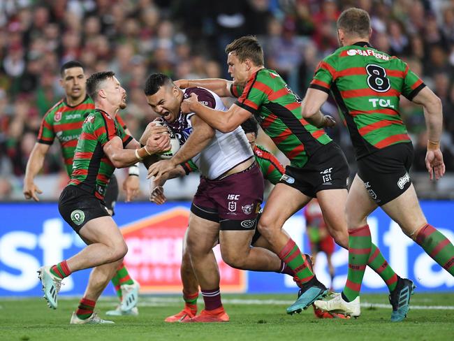 Lloyd Perrett in NRL action for Manly in 2019. Picture: AAP Image/Dean Lewins