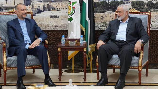 Iran’s Foreign Minister Hossein Amir Abdollahian meeting with Hamas leader Ismail Haniyeh in Doha. Picture: AFP