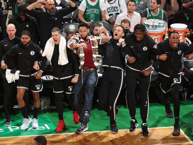 Ben Simmons and the Brooklyn Nets bench celebrate during an NBA playoffs game against Boston. The Australian’s future with the team is unclear but may still hold promise. Picture: Nathaniel S. Butler/NBAE via Getty Images