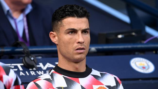 MANCHESTER, ENGLAND - OCTOBER 02: Cristiano Ronaldo of Manchester United looks on during the Premier League match between Manchester City and Manchester United at Etihad Stadium on October 02, 2022 in Manchester, England. (Photo by Laurence Griffiths/Getty Images)