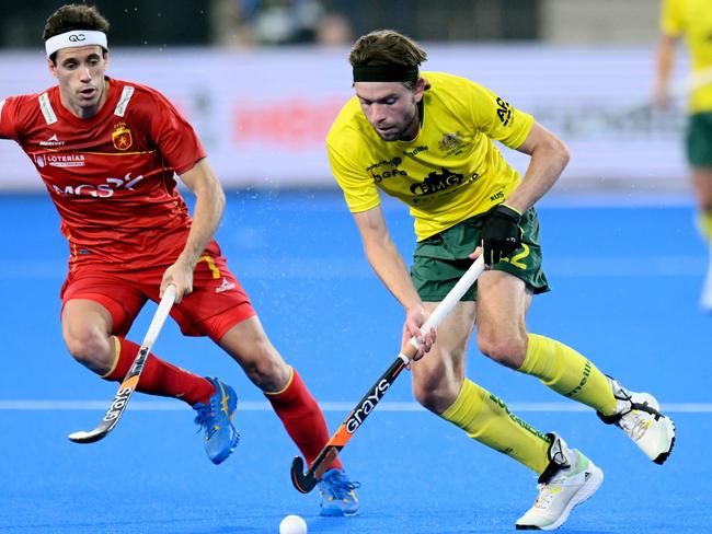 BHUBANESWAR, INDIA- JANUARY 24. FIH Odisha Hockey Men's World Cup 202329 Australia v Spain (QF). Flynn Ogilvie (Photo by WorldSportPics/Frank Uijlenbroek)