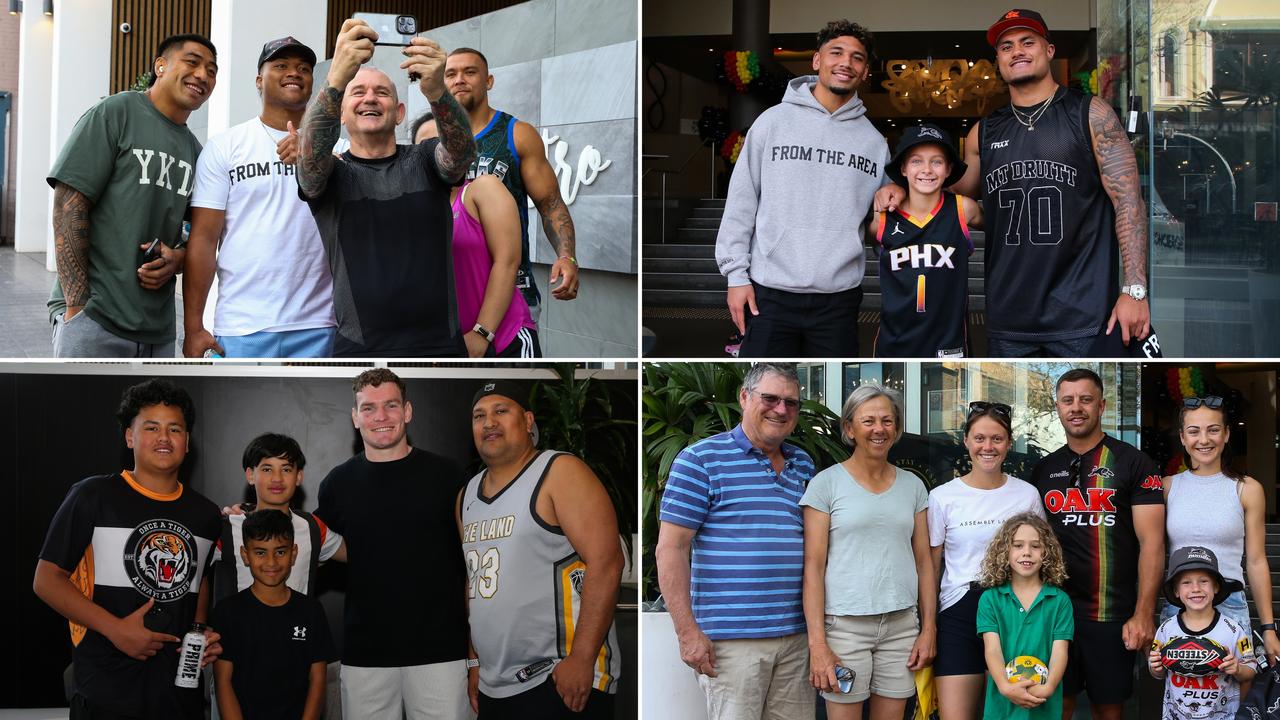 Panthers fans meet their heroes outside the team hotel the Park Royal in Parramatta. Pictures: Daily Telegraph/Gaye Gerard