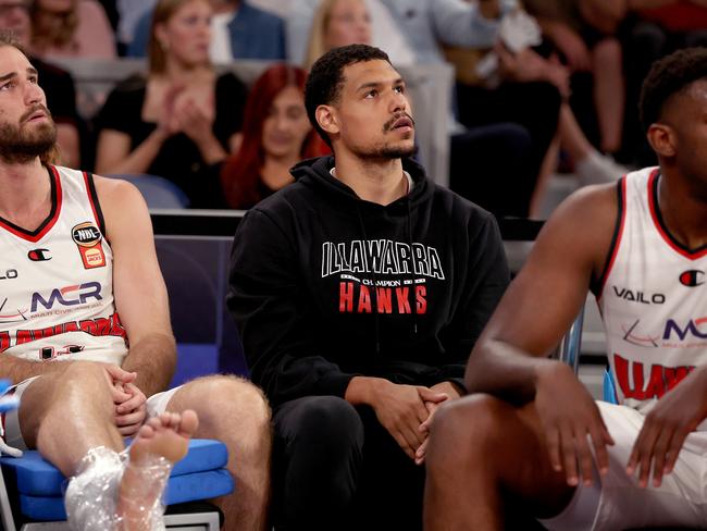 MELBOURNE, AUSTRALIA - MARCH 19: Sam Froling of the Hawks and Trey Kell of the Hawks look on from the bench during game four of the NBL Grand Final Series between Melbourne United and Illawarra Hawks at John Cain Arena on March 19, 2025, in Melbourne, Australia. (Photo by Daniel Pockett/Getty Images)