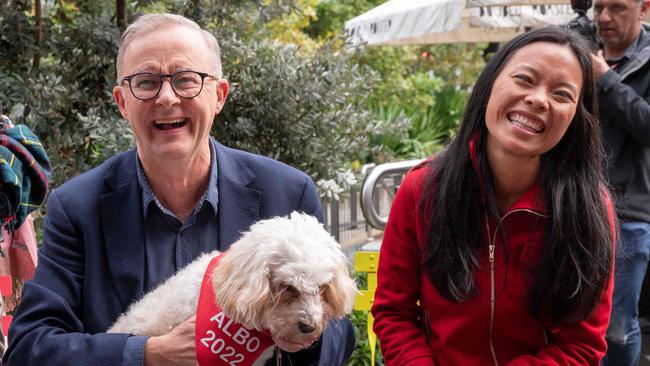 Anthony Albanese and Labor’s new Member for Reid Sally Sitou meet supporters in Marrickville on Sunday. Picture: AFP