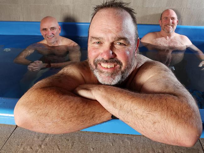 CEOs Des Watkins, Barry Sullivan and Michael Fingland take a 9 degree cold bath at Recovery Science, Fortitude Valley. Picture: Liam Kidston