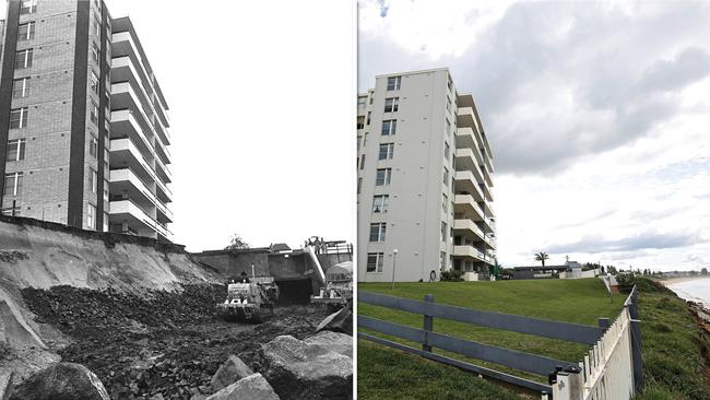 Bulldozers reinforce the shore in Narrabeen in 1974 and the sea wall that protected it in the recent storm.