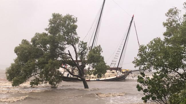 A large schooner washed up on the foreshore at Redland Bay during Cyclone Alfred. Picture: Judith Kerr