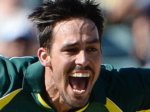 SPORT - ODI Cricket final, Australia v England at the WACA, Perth. Photo by Daniel Wilkins. PICTURED- Australia's Mitchell Johnson celebrates the wicket of Eoin Morgan, out for 0.