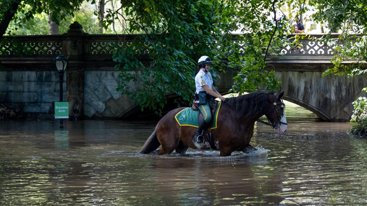 New York City Parks officer on horseback explores flooding in Central Park after heavy rain caused by Hurricane Ida in 2021. Picture: AFP