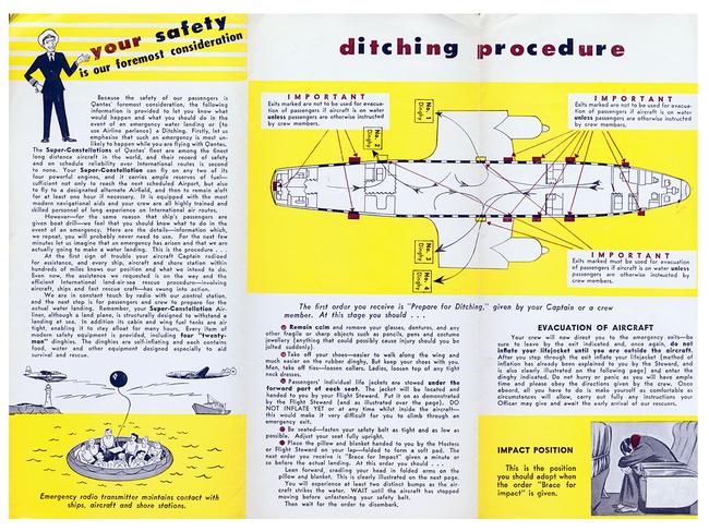 A very wordy explanation of what to do in a water landing. Picture: Qantas