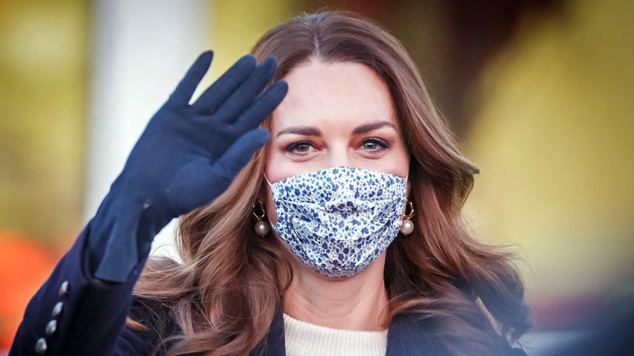 The Duchess of Cambridge waves as she leaves after meeting volunteers who have supported elderly members of their local community throughout the pandemic. Picture: Danny Lawsonn/AFP