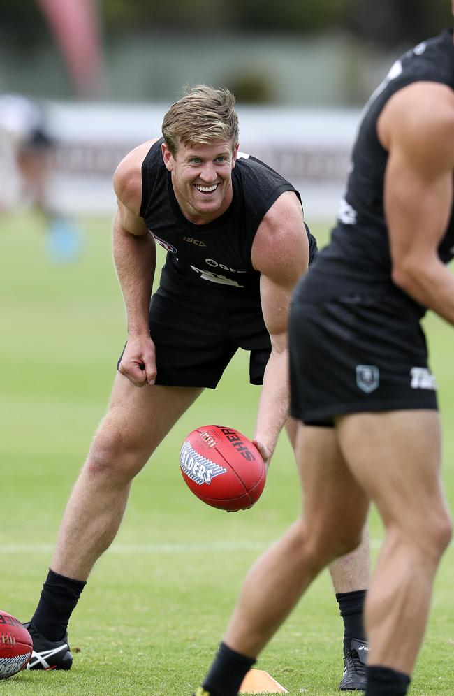 Tom Jonas at training earlier in the year, before coronavirus shut down the AFL. Picture: Sarah Reed