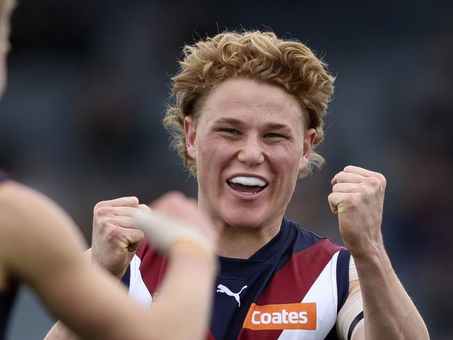 MELBOURNE, AUSTRALIA - SEPTEMBER 21: Levi Ashcroft of the Dragons celebrates a goal during the 2024 Coates Talent League Boys Grand Final match between the Sandringham Dragons and GWV Rebels at IKON Park on September 21, 2024 in Melbourne, Australia. (Photo by Martin Keep/AFL Photos via Getty Images)