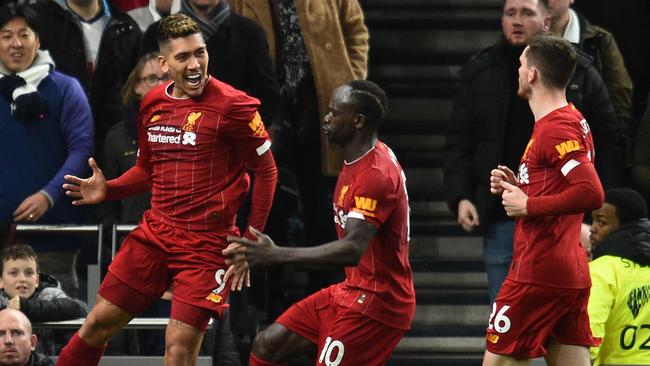 Roberto Firmino celebrates scoring for Liverpool against Tottenham Hotspur. Picture: AFP