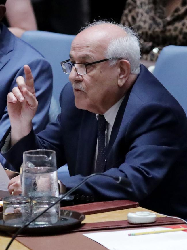 Permanent observer for Palestine, Riyad Mansour, speaks during the Security Council meeting to vote on a resolution calling for a ceasefire and unrestricted humanitarian access in Gaza. Picture: AFP