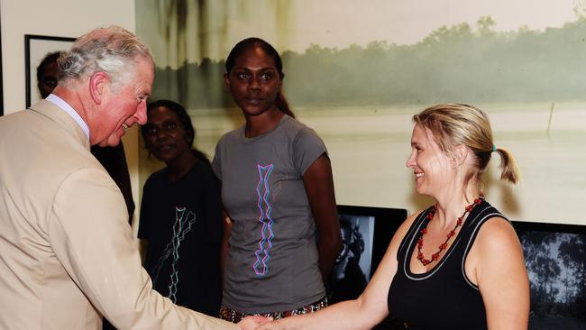 Charles, Prince of Wales meets with Bec Charlesworth in the Yirrkala Art Centre's Multimedia Room Picture: Keri Megelus