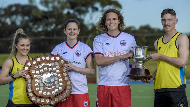 Seacliff stars Leah Welstead (left) and Connor Richmond-Spouse (right) with Adelaide champions Emily Grist and Angus Fry before last season’s grand finals. Picture: Roy VanDerVegt