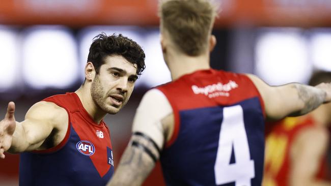 Christian Petracca (left) celebrates a major with James Harmes. Picture: Getty Images