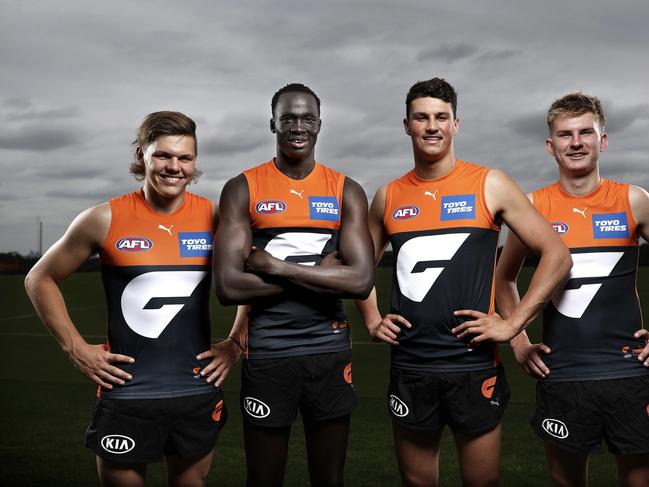 Cooper Hamilton, Leek Aleer, Finn Callaghan and Josh Fahey after they were drafted to GWS Giants.