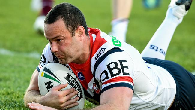 Boyd Cordner of the Roosters scores during the Round 19 NRL match between the Manly-Warringah Sea Eagles and the Sydney Roosters at Lottoland in Sydney, Sunday, July 22, 2018. (AAP Image/Brendan Esposito) NO ARCHIVING, EDITORIAL USE ONLY