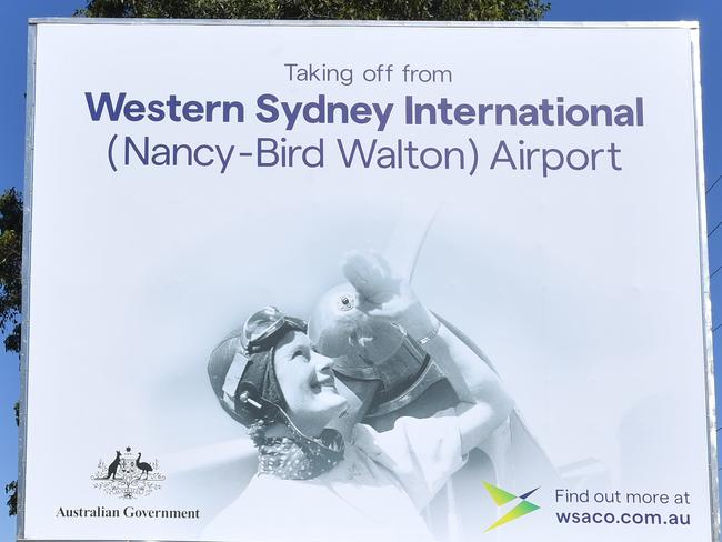 A sign at the naming of the Western Sydney International Airport at a ceremony at Badgerys Creek in Sydney, Monday, March 4, 2019. The airport was named Nancy Bird-Walton Airport after the pioneering female Australian aviator, known as "The Angel of the Outback. (AAP Image/Mick Tsikas) NO ARCHIVING