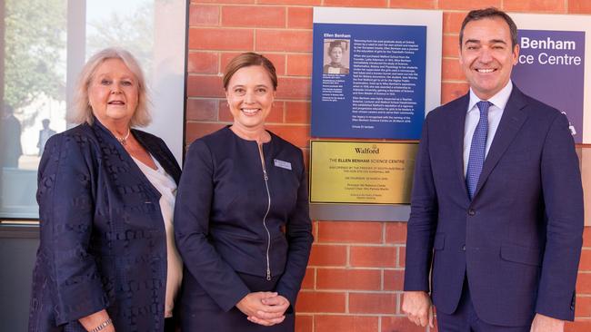 Pamela Martin, Rebecca Clarke and former premier Steven Marshall celebrate the opening of Walford’s commemorating the opening of the Ellen Benham Science Centre at Walford.