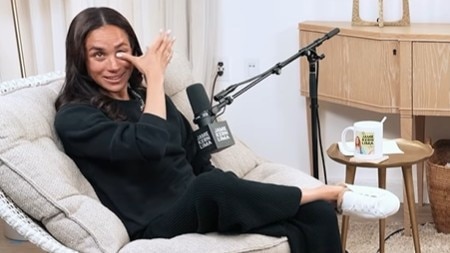 Meghan became visibly emotional during her first ever podcast interview. Picture: Supplied.