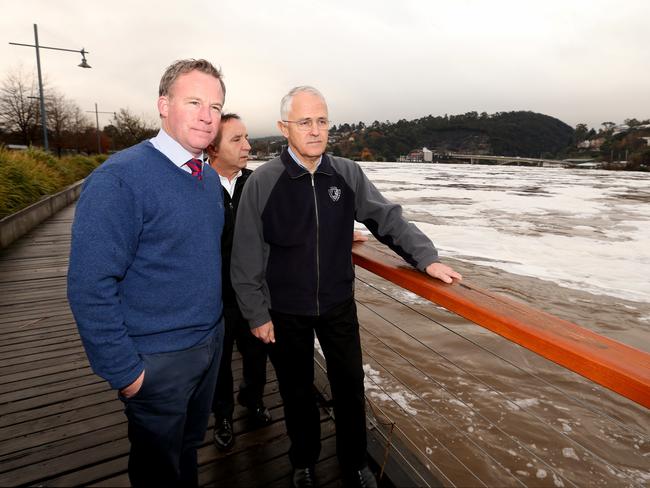 Prime Minister Malcolm Turnbull visited the town of Launceston on June 9, 2016 to talk with Tasmanian Premier Will Hodgman at the Launceston Levee and the floods in Tasmania. Picture: Adam Taylor