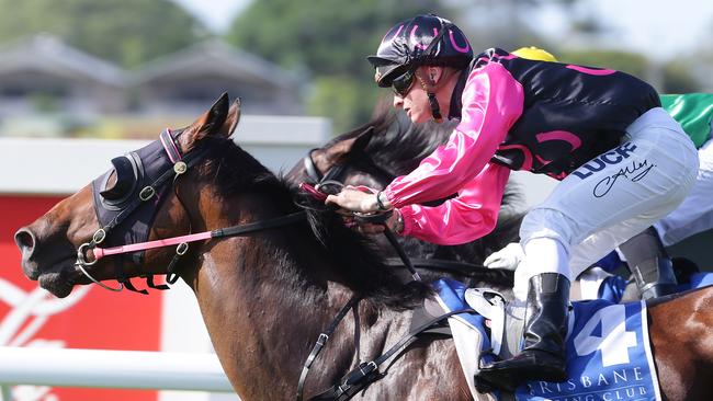 Anthony Allen wins race 7 on Exceedingly. Racing action at Doomben in Brisbane.  Pic Peter Wallis