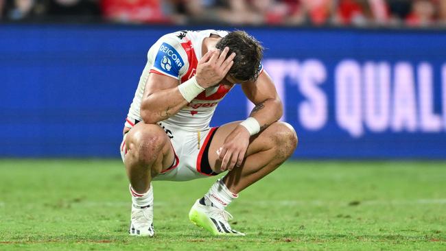 Dragons star Zac Lomax reacts during his side's loss to the Dolphins. Picture: NRL Photos