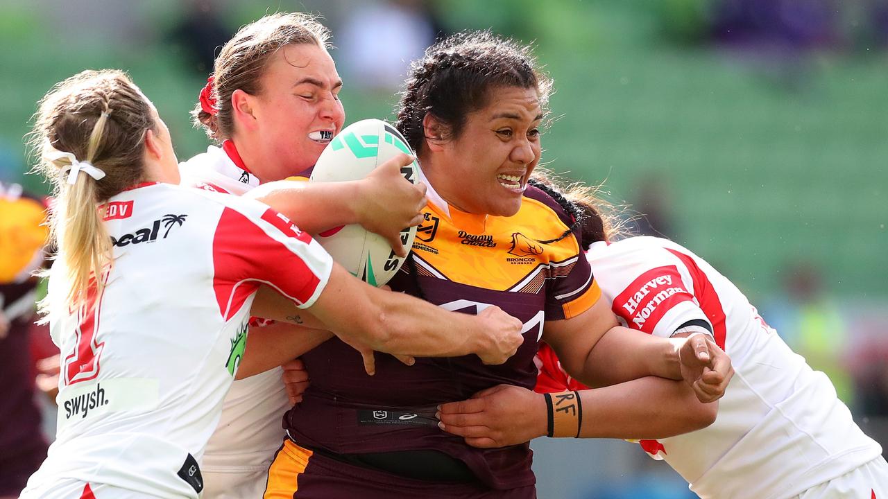 Amber Hall takes on the Dragons’ defence. Picture: Kelly Defina/Getty Images