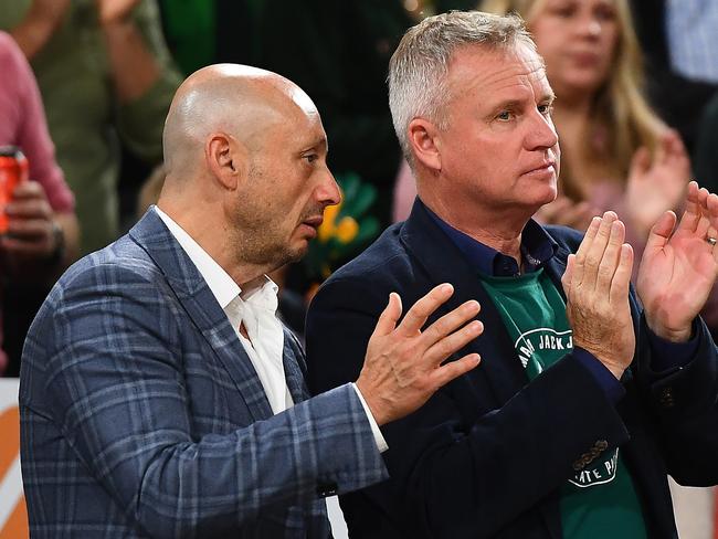 HOBART, AUSTRALIA - APRIL 30: Larry kestelman and Jeremy Rockliff Premier of Tasmania watch the game during game two of the NBL Semi Final series between Tasmania Jackjumpers and Melbourne United at MyState Bank Arena on April 30, 2022 in Hobart, Australia. (Photo by Steve Bell/Getty Images)