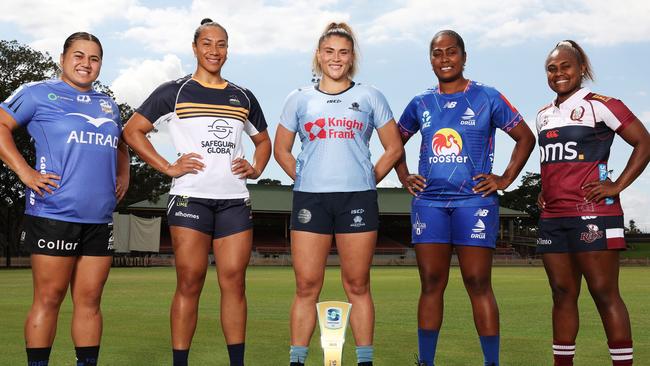 Hera-Barb Malcolm Heke of the Western Force, Siokapesi Palu of the ACT Brumbies, Piper Duck of the NSW Waratahs, Bitila Tawake of the Fijian Drua and Ivania Wong of the Queensland Reds pose during the 2025 Super Rugby Women's Season Launch at North Sydney Oval.