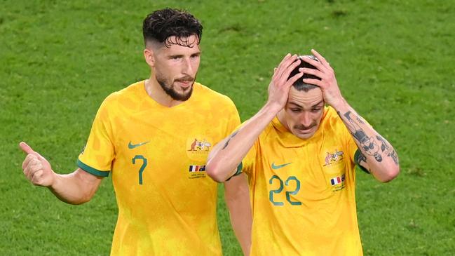 Mathew Leckie and Jackson Irvine during Australia’s loss to France. Picture: Stu Forster/Getty Images