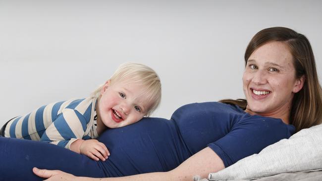 Monash Health obstetrician Dr Julia Francis, pictured with 20-month-old son Isaac, is pregnant with her third child. Picture: David Caird