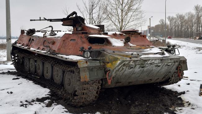 A destroyed Russian military vehicle is seen on the roadside on the outskirts of Kharkiv, Ukraine. Picture: AFP