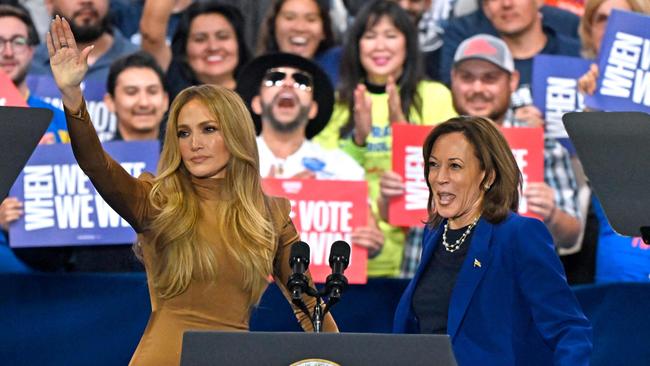 Kamala Harris is joined on stage by Jennifer Lopez at a rally in Las Vegas. Picture: AFP