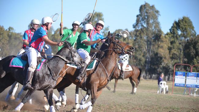 Matt Hardy in possession for the Warwick 1 mixed team in a game against Tara at the Cunningham Polocrosse Club carnival. Photo Gerard Walsh / Warwick Daily News