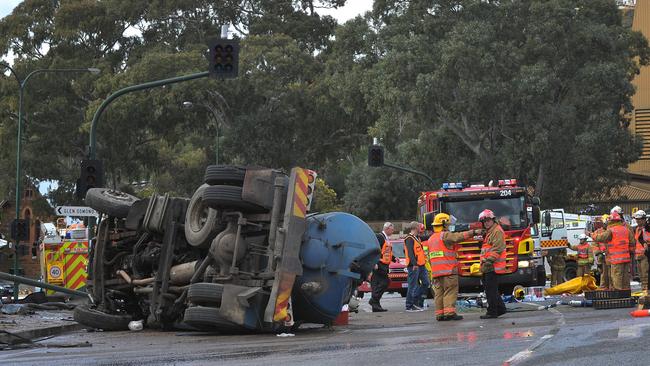 The horrific scene at the bottom of the South-Eastern Freeway in 2014 after Darren Hicks’ runaway sewage truck with faulty brakes slammed into other vehicles. Picture: Roger Wyman