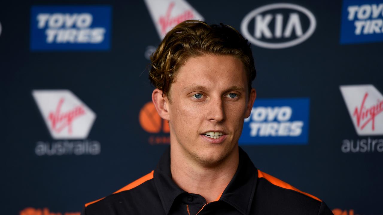 GWS Giants star Lachie Whitfield speaks to the media on Monday.