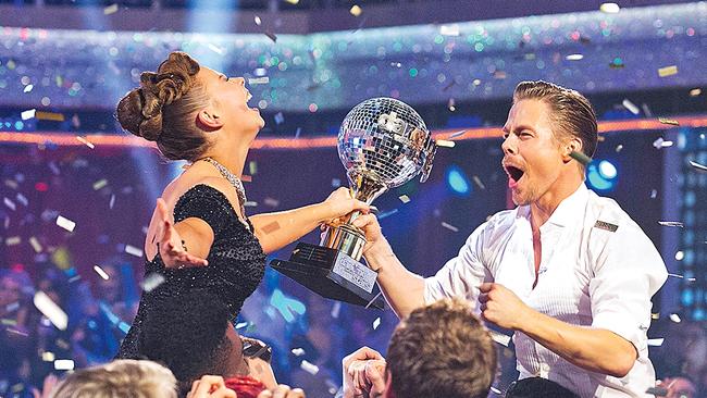 Bindi and Derek Hough after being crowned winners of the American Dancing With The Stars in 2015. (Picture: Getty Images)