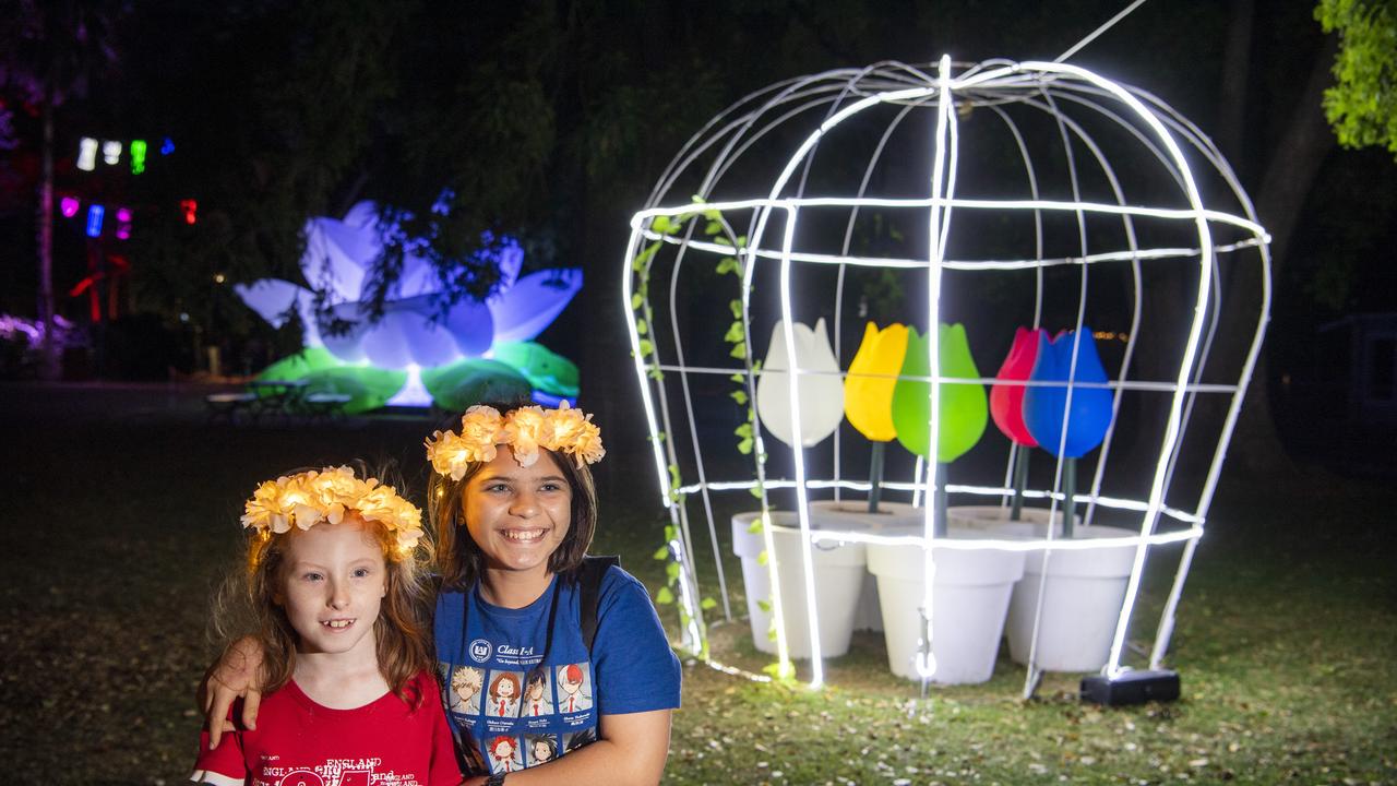 Sisters Tuesday Madera and Grace Hills explore the Night Garden in Queens Park in 2020.