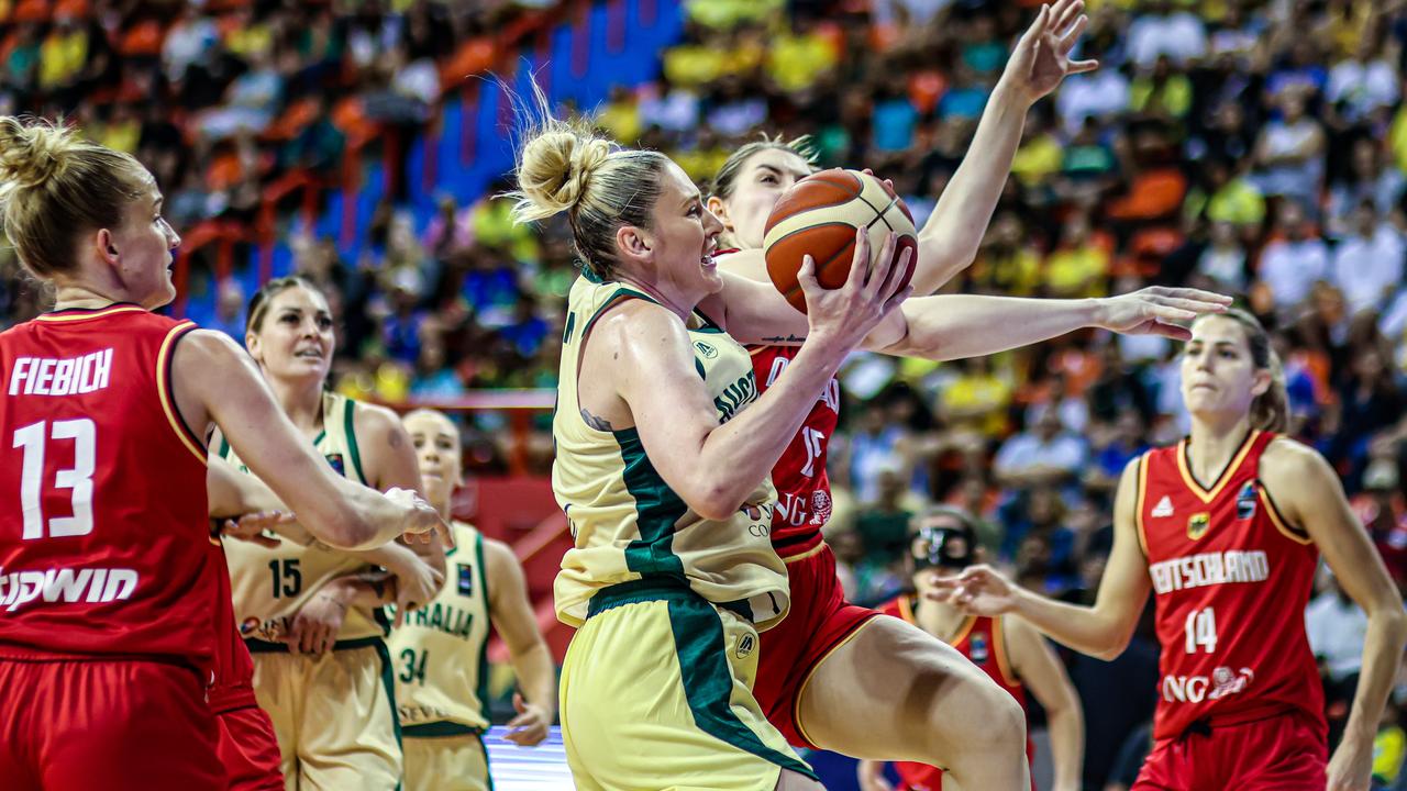 Opals veteran Lauren Jackson on the attack against Germany in the Olympic qualifier in Belem, Brazil. Picture: FIBA